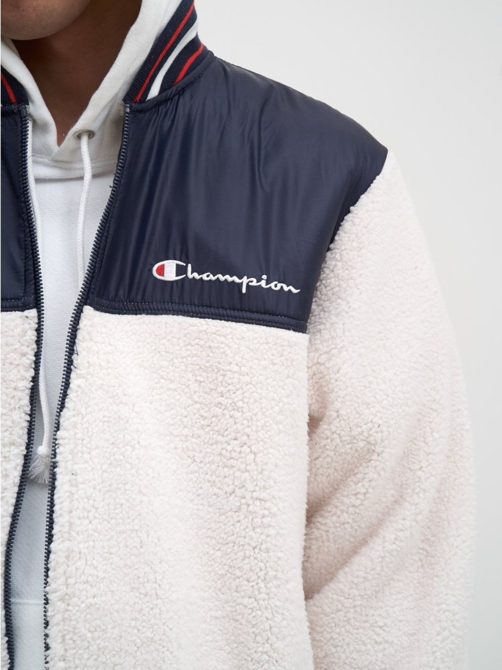 Champion Cream Sherpa Bomber Jacket with Navy Yoke - Picture 2 of 4